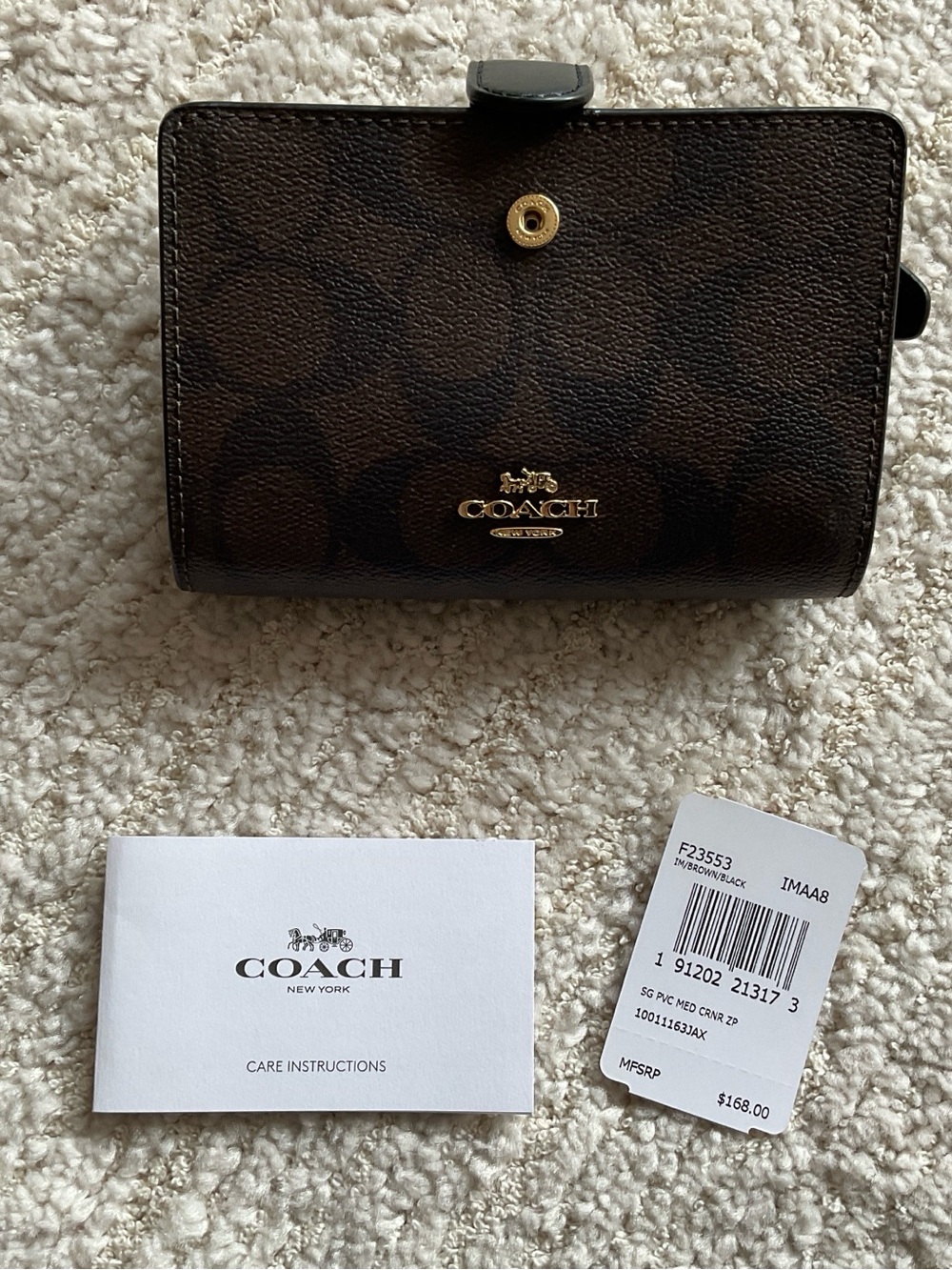 Coach Dark Brown Signature Peony Wallet with Gold Logo